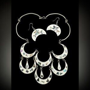 Vintage Southwest Mexico Alpace Silver MOP Enamel Bib Necklace & Earring Set 16”